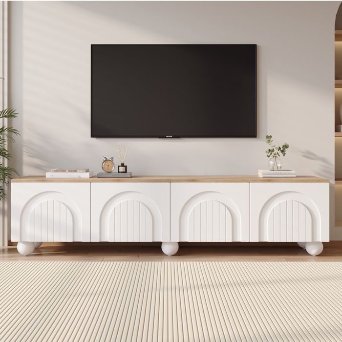 Merax Meuble TV Blanc et Bois 180 x 40 x 45 cm avec 4 Portes et 6 Pieds Sphériques pour TV jusqu’à 80 pouces