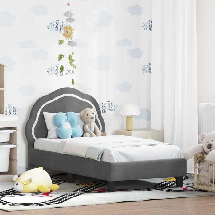 Lit pour tout-petit avec tête de lit - UU - Gris foncé - Velours - 148x83x79 cm - Poids maximal 140 kg - Cadre à lattes