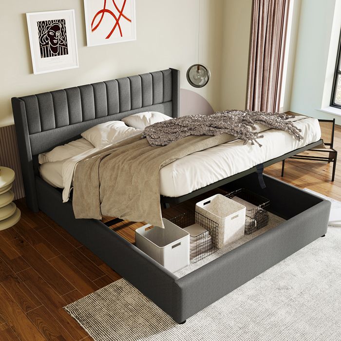 Lit coffre adulte 160x200 cm - Lit double Lit rembourré hydraulique rangement - Sommier à lattes - Tissu lin gris