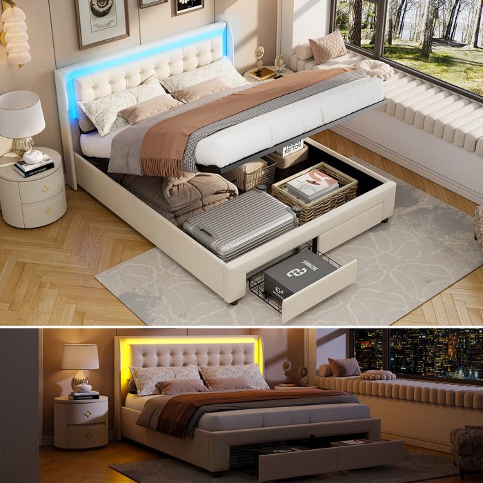 Lit coffre 180x200cm - Lit double rembourré - Éclairage LED et 2 Tiroirs - Sommier inclus - Rangement intégré -2 Personnes -Beige