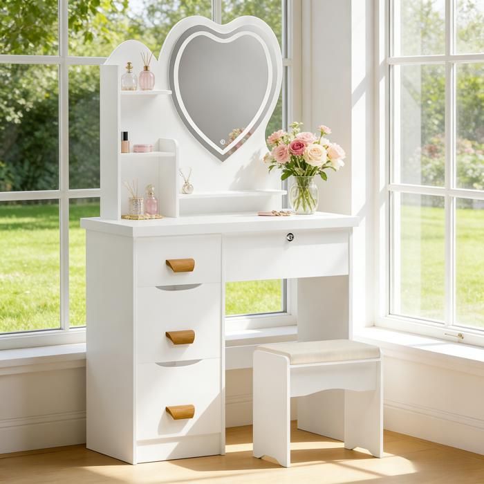 Coiffeuse moderne miroir coeur lumineux dimmable et tabouret espace rangement integre pour une experience maquillage