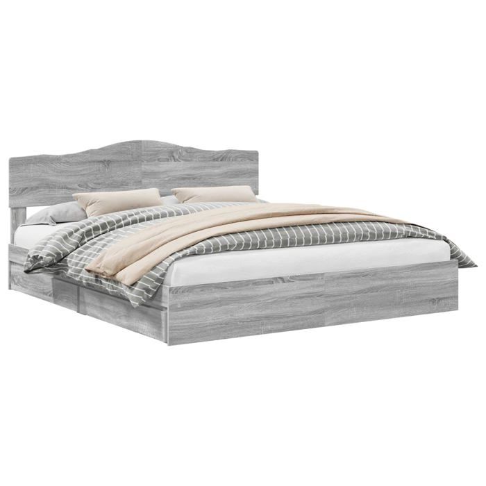 Cadre de lit en bois de pin massif - vidaXL - Gris Sonoma - 200x200 cm - Bois dingénierie - Tête de lit incluse