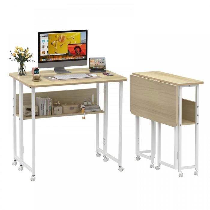 LVHCMFOHM Bureau Pliable avec Roulettes et Étagère de Rangement 80×58×75cm Table de Bureau Multifonction Couleur bois