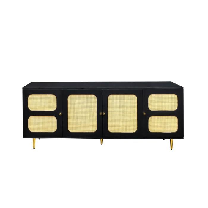 Meuble TV noir et brun 180x40x60 cm style rétro avec portes aspect rotin et pieds métalliques