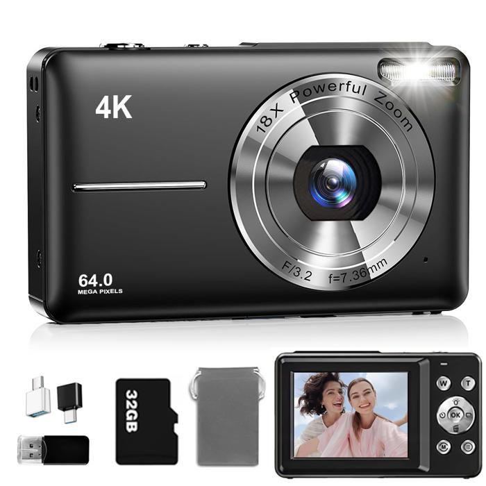 Appareil Photo Numérique 4K Appareil Photo Compact Portable 64MP Carte 32 Go 2.4 écran LCD Autofocus 18X pour Débutant Noir
