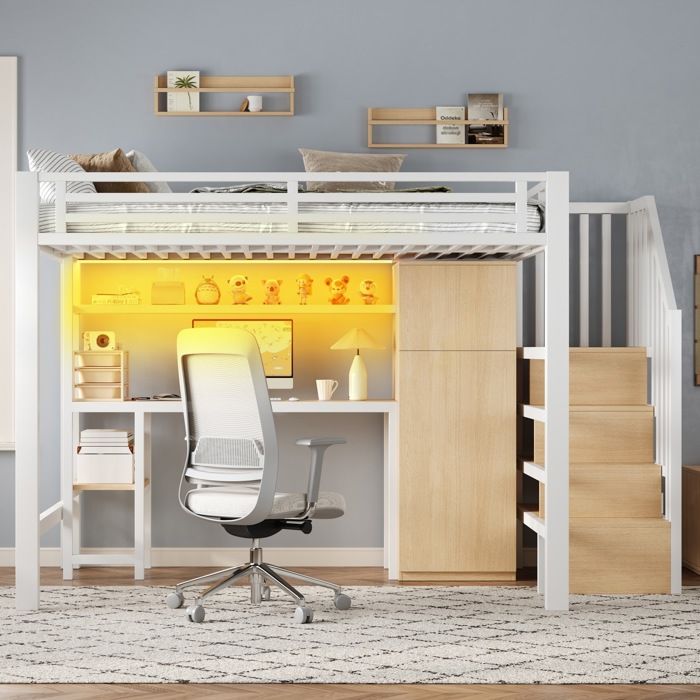 Lit mezzanine 140x200cm lit adulte avec bureau et étagère. Lit double avec armoire et escalier de rangement métal+MDF blanc