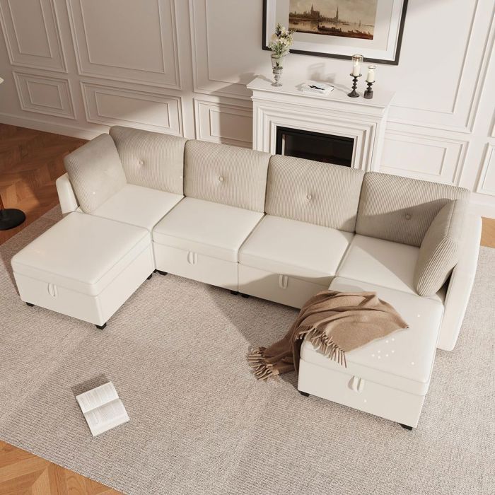 Canapé modulaire - 6 modules (U) - Transformable 3-en-1 (U/L/lit/fauteuil) - Rangement sous assise - Velours contrasté