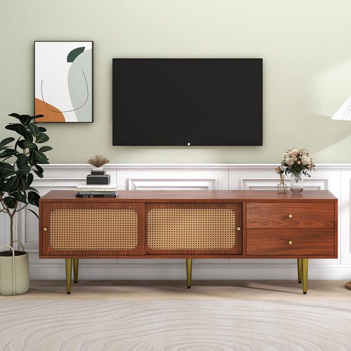 Meuble TV - KOMHTOM - 160x40x60 cm - 2 portes coulissantes rattan - 2 tiroirs - Noyer Meuble TV - KOMHTOM - 160x40x60 cm - 2 portes coulissantes rattan - 2 tiroirs - Noyer