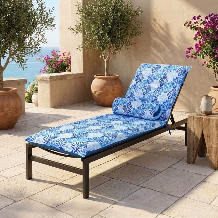 Lot 2 Coussins Chaise Longue 195x60 Motif Feuillage Bleu + 2 Traversins - Anti-UV Lot 2 Coussins Chaise Longue 195x60 Motif Feuillage Bleu + 2 Traversins - Anti-UV