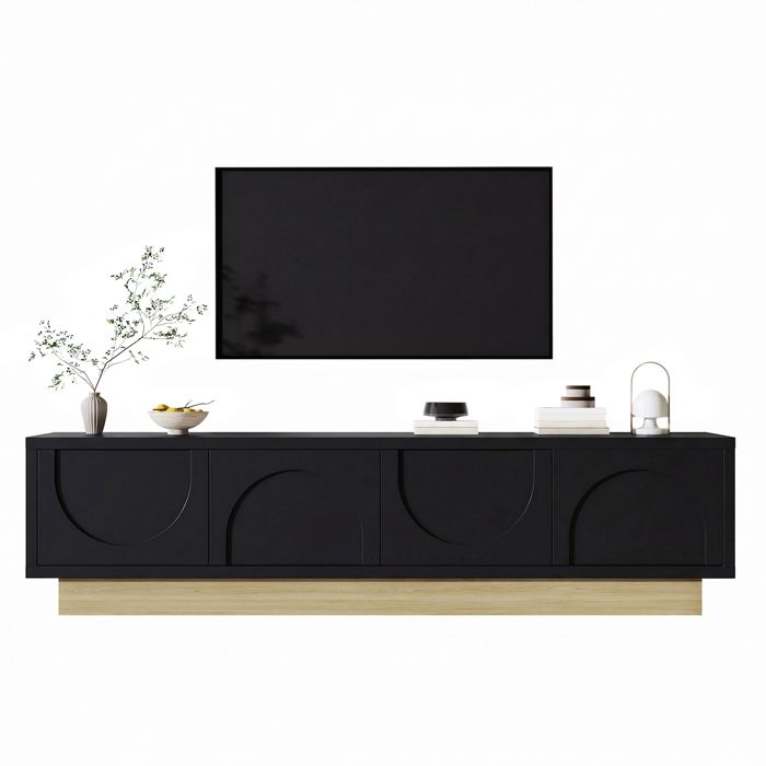 Meuble TV moderne avec veinage de bois- bas-Design incurvé minimaliste-Grand espace de rangement et gestion des câbles-Noir
