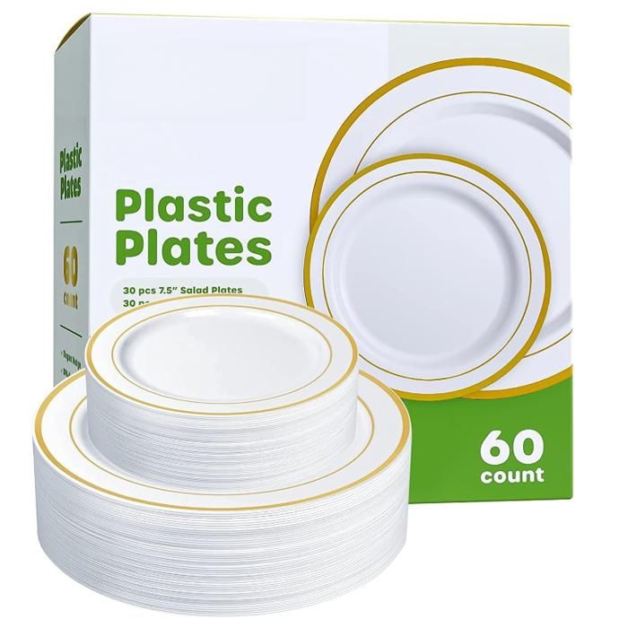 60 Pièces Vaisselle en Plastique Doré 30 Assiettes Plates De 26cm + 30 Assiettes à Salade De 19cmAssiettes Plastique Réutilisables