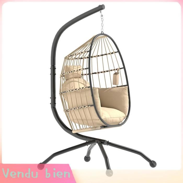 LIA Fauteuil oeuf suspendu intérieur et extérieur panier pliable coussin rembourré cadre en acier beige