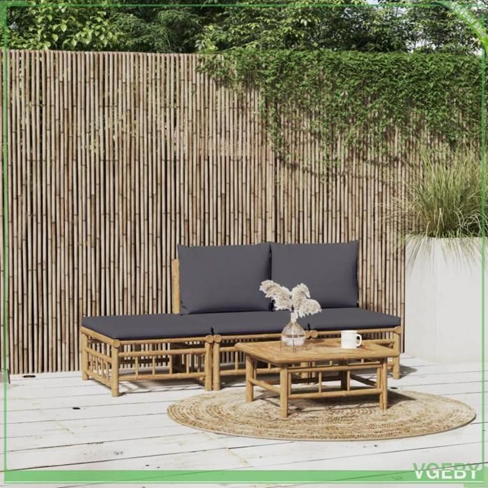 Salon de jardin - FAFEICY - 3155235 - Bambou - 4 pièces modulable - Coussins gris foncé