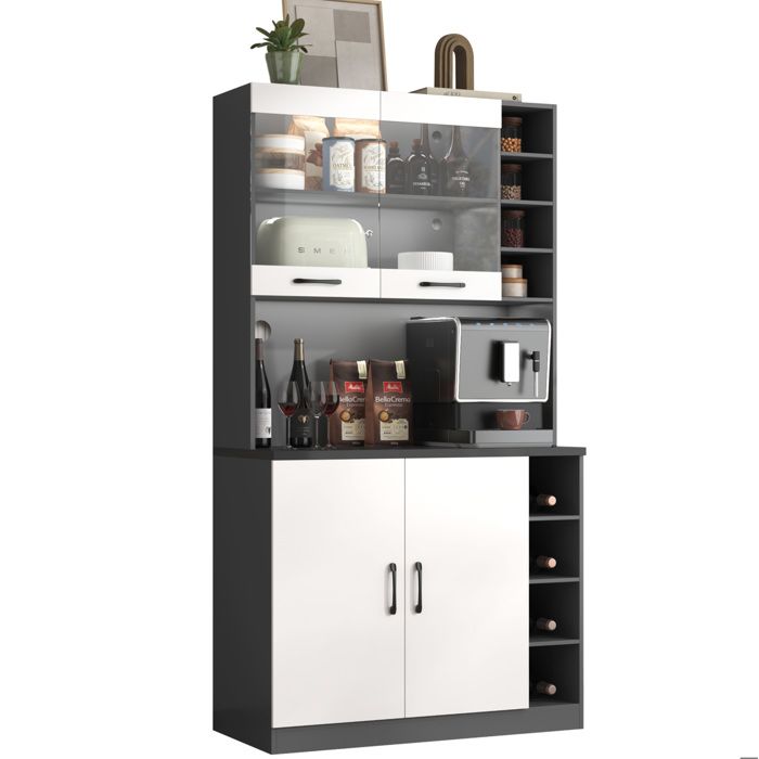 Buffet de cuisine armoire 100x47x187 cm avec LED et passe-câbles grand espace micro-ondes MDF blanc et gris
