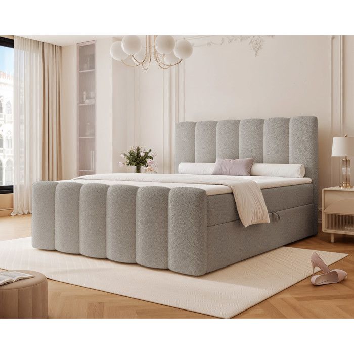 Lit adulte FERRERO - 180x200 cm - avec matelas à ressorts - coffre de rangement à ouverture latérale - Gris