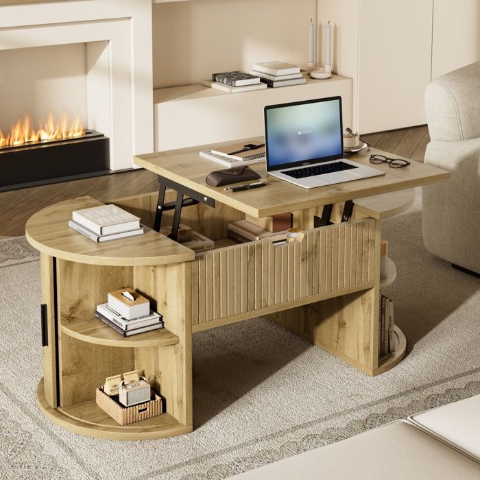 Table basse relevable ovale avec rangements portes coulissantes et étagères ouvertes en MDF aspect bois Oak ORVRYN