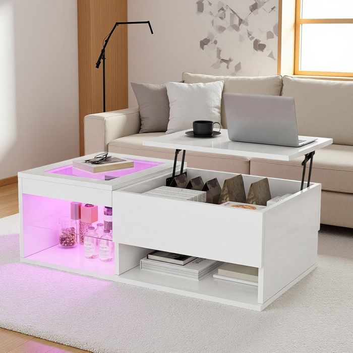 Table basse relevable avec rangement caché et éclairage LED coffee table plateau réglable en hauteur 100 x 55 x 35 cm blanc