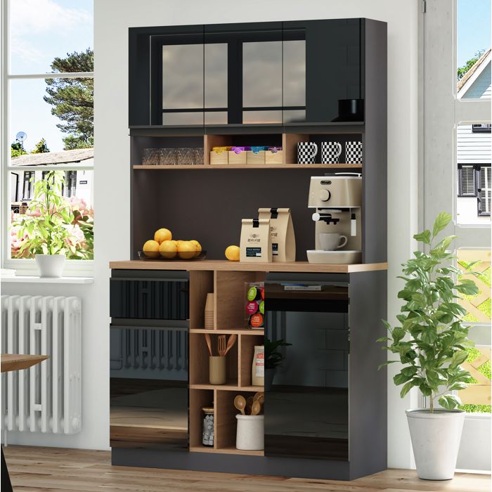 Buffet de cuisine 105 x 45 x 185 cm armoire haute en MDF noir brillant et gris anthracite 5 portes 1 tiroir