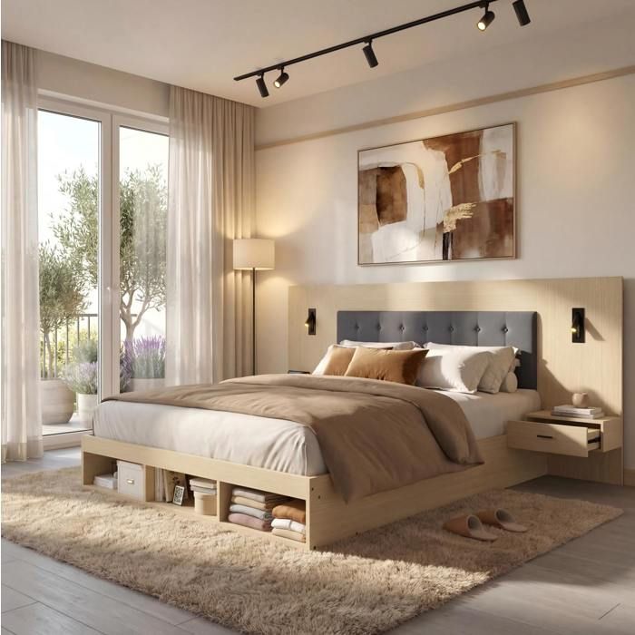 Lit double 160x200 cm avec rangements USB et Type-C lampes de lecture 2 chevets MDF décor chêne clair