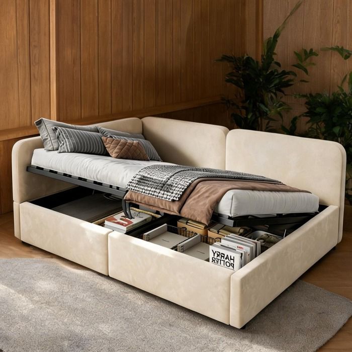 Canapé-lit beige en velours 140x200 cm avec coffre hydraulique et tête de lit réversible