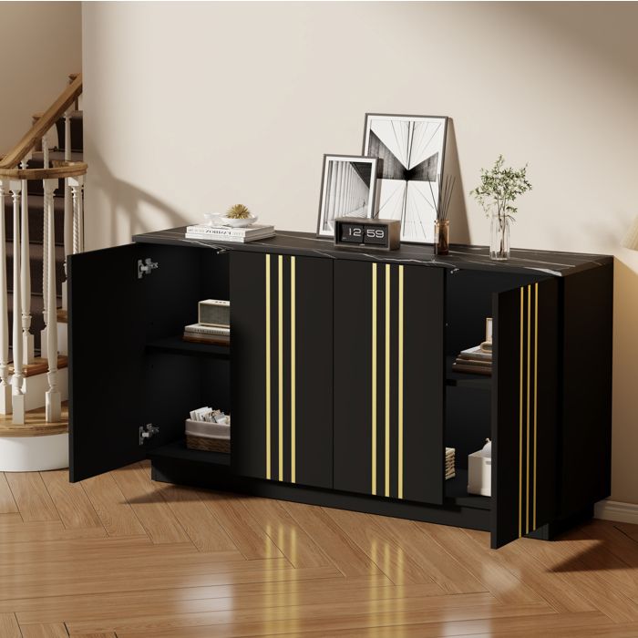 COVREO Buffet bas 4 portes 140 x 35 x 70 cm meuble de rangement noir et or en panneaux de particules