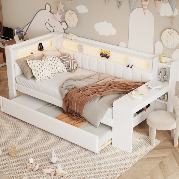 Lit combiné Simple 90×200 cm gigogne 90×190 bureau USB et LED sans matelas - MIVRAY - capitonné blanc