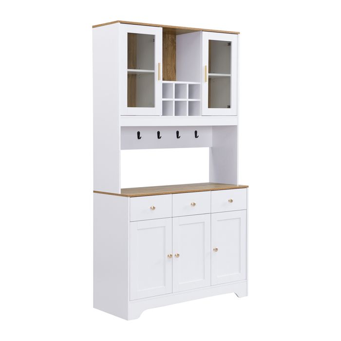 Buffet haut blanc et bois 5 portes 3 tiroirs et vitrine acrylique meuble de rangement moderne pour salon et salle à manger Buffet haut blanc et bois 5 portes 3 tiroirs et vitrine acrylique meuble de rangement moderne pour salon et salle à manger