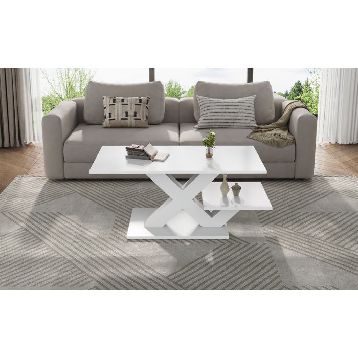 Table basse rectangulaire blanche brillante 100 x 48 x 45 cm en MDF avec double plateau et pieds en X