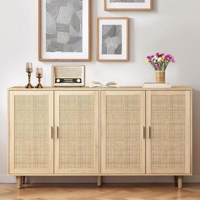 Grande armoire de rangement - KOMHTOM - 158x40x88 cm - 4 portes en rotin - Étagère réglable 3 niveaux - Pieds bois massif Grande armoire de rangement - KOMHTOM - 158x40x88 cm - 4 portes en rotin - Étagère réglable 3 niveaux - Pieds bois massif