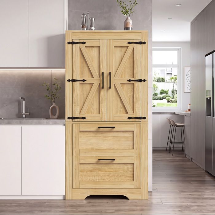 WOVREO Buffet de cuisine style campagne 60 x 30 x 128 cm portes de grange 2 tiroirs étagères réglables MDF marron