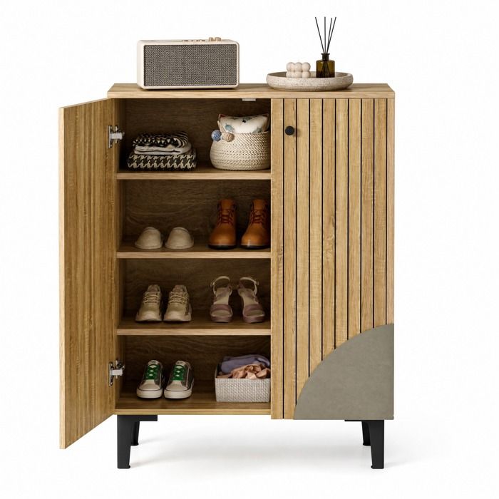 SENVIRO Meuble a chaussures avec portes 60 x 32 x 94 cm aspect bois naturel etageres interieures pieds noirs en PVC