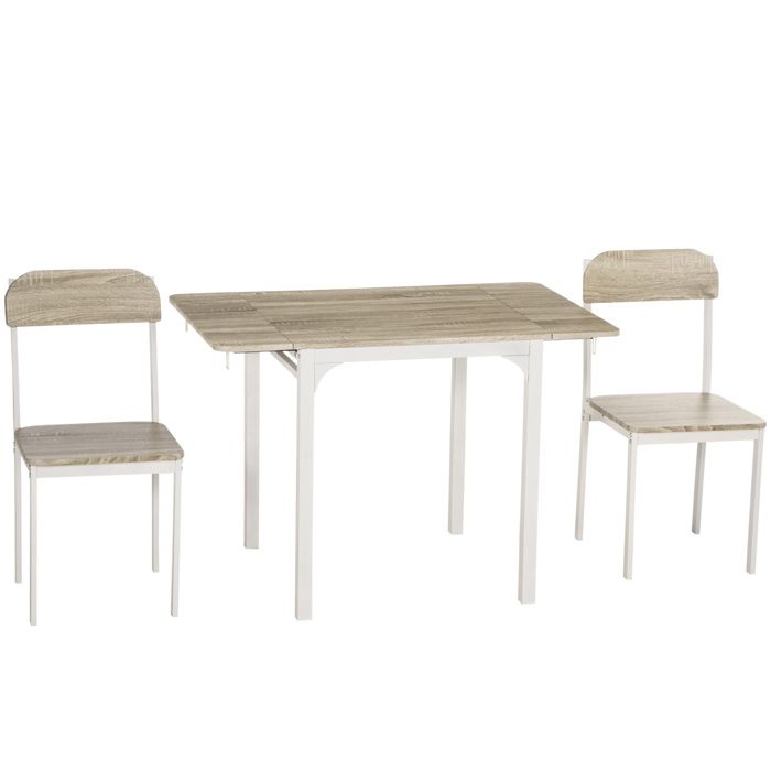 Ensemble table et chaises 3 pièces – table pliante rabattable – MDF et métal – naturel et blanc