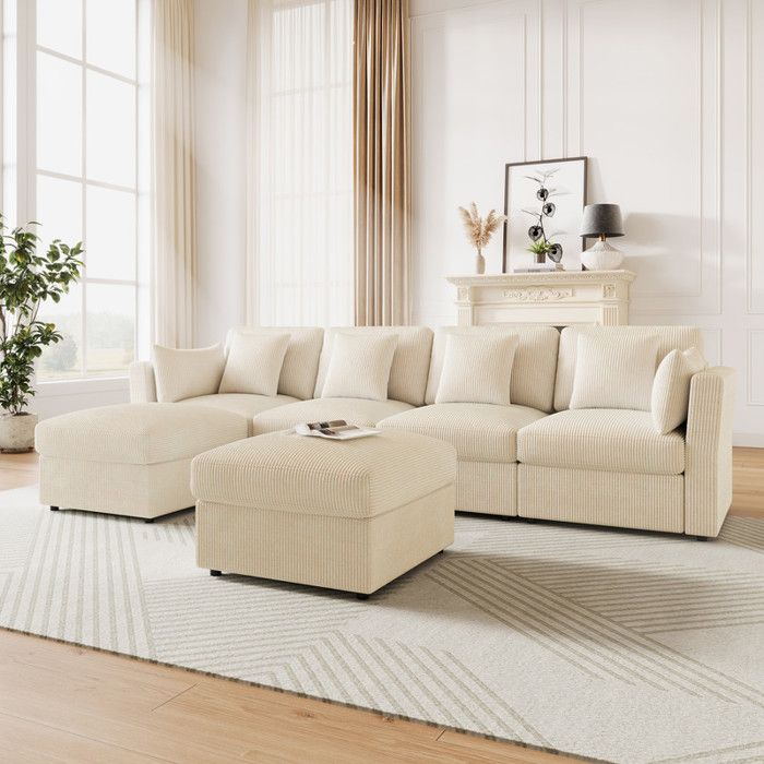 Canapé d’angle modulable en U - 6 places - Velours côtelé - Beige - 290 x 1595 x 89 cm - Pouf amovible