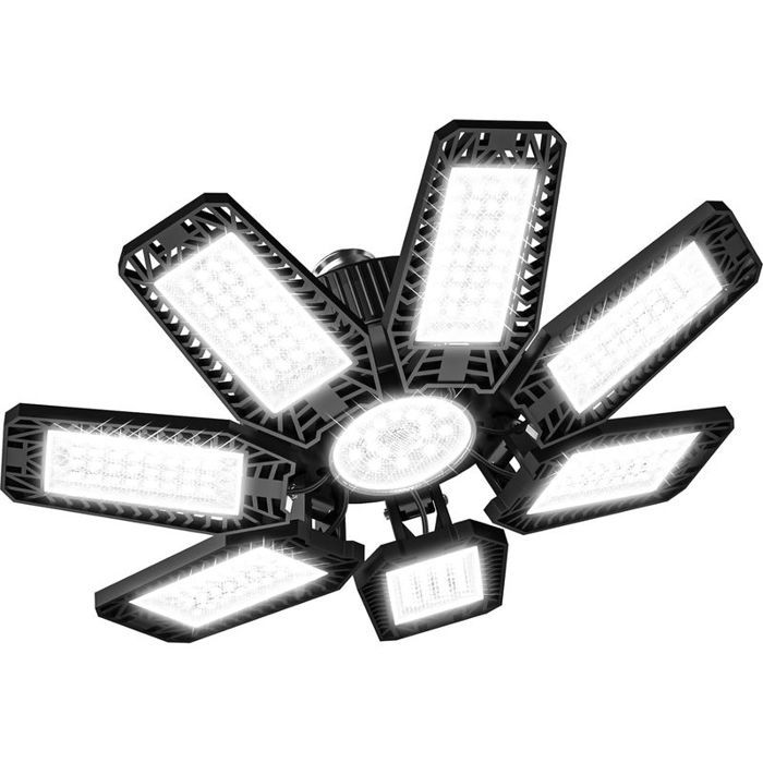 Plafonnier LED 200W 20000lm - 7 Panneaux Réglables - Lumière Blanche 6500K - Garage Atelier Entrepôt - Culot E26/E27