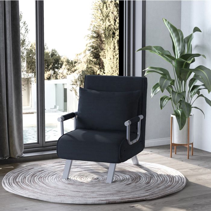 Fauteuil convertible 1 place canapé-lit 2 en 1 dossier réglable 5 positions polyester noir avec coussin VEVXYN