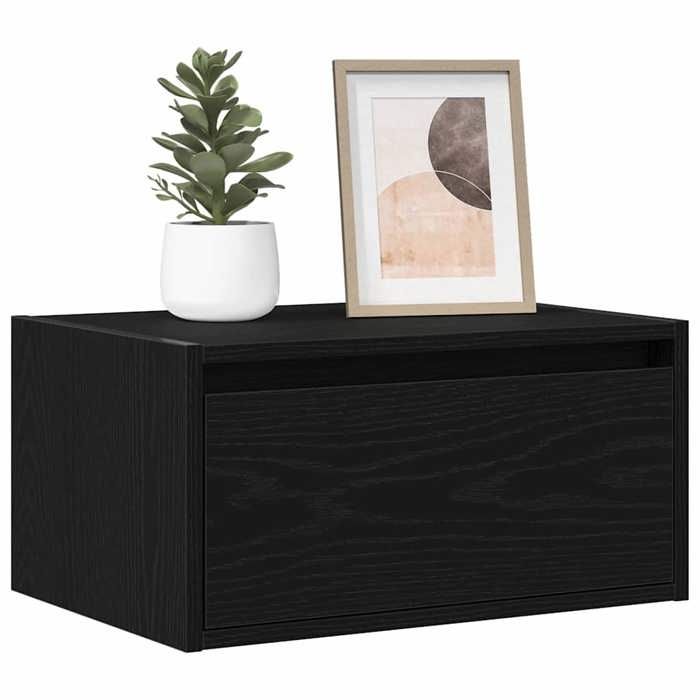 Meuble TV Suspendu Table de chevet murale 1 pc avec lumières LED chêne noir T3043