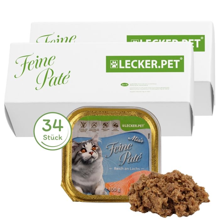 34 x 100 g Lecker.Pet® Mias Fine Pâté Riche en Saumon Aliment complet humide pour chats