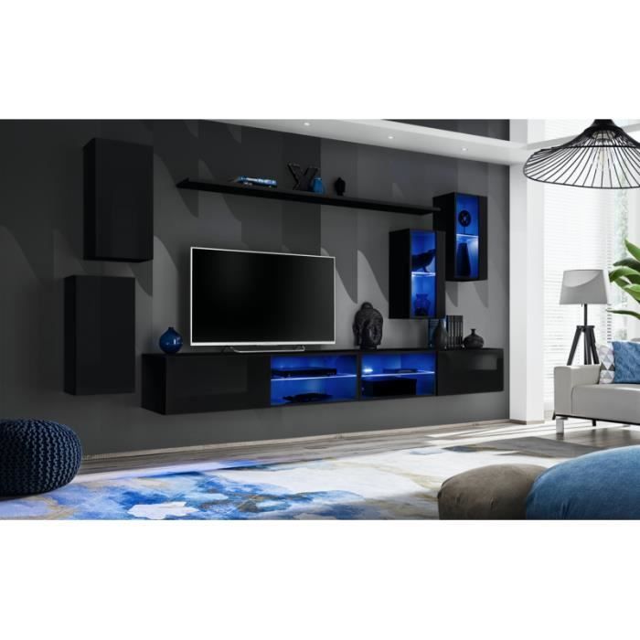 ensemble meuble tv mural switch xxv - ac-déco - noir - laqué - 2 porte(s) - contemporain - design