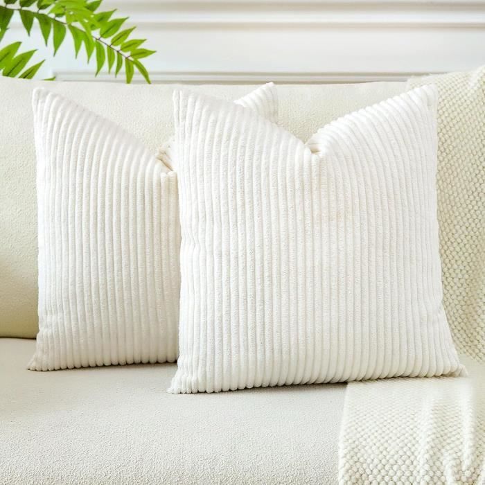 Housses de Coussins en Velours Côtelé Décoratif Canapé Taie doreiller Doux Decoration 45x45cmLot de 2 (Beige Blanc)