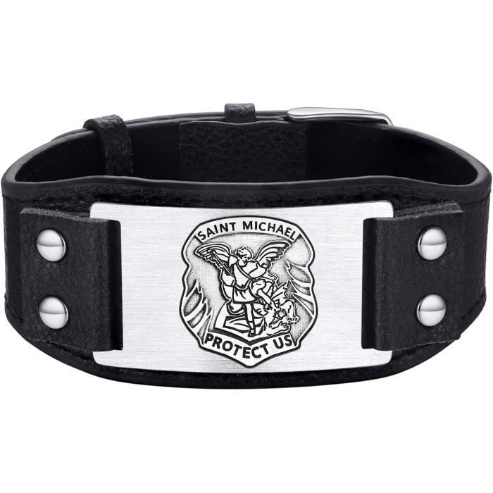 Bracelet Homme En Cuir Et Métal, Symbole Viking, Ajustable 18-20 Cm – Noir Et Argenté