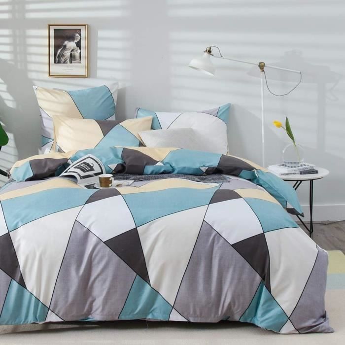 Parure De Lit 220x240 Cm Feuilles Bleues 3D - Housse De Couette Réversible Microfibre Coton, 2 Taies D'Oreiller