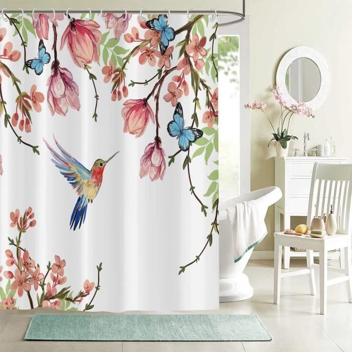 Rideau De Douche Oiseaux Et Fleurs Avec Colibris - 175x180 Cm - Polyester - Multicolore - Abakuhaus - Neuf