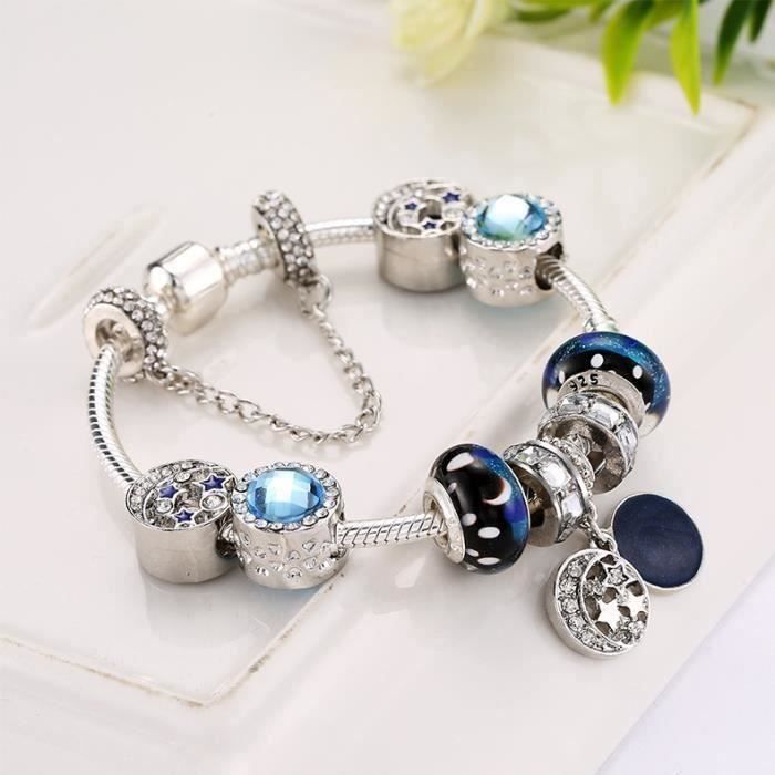 20cm charms bracelet pandora style à breloques en verre étoilé bleu bijoux femme cz trèfle charms femme