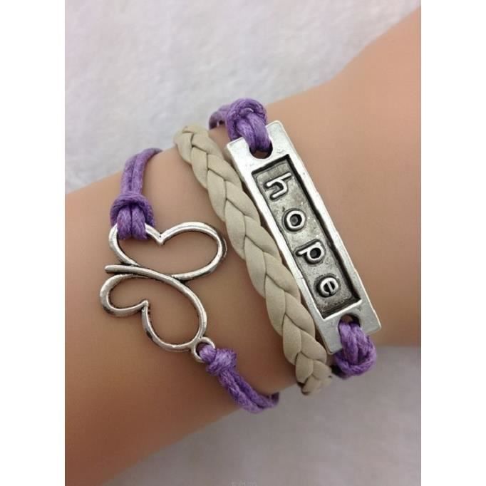 Bracelet - Violet - Papillon - Hope - Simili - Cuir - 16 cm