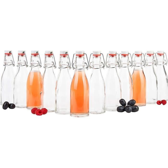 Lot De 12 Bouteilles En Verre 200 Ml Avec Bouchon Mécanique - Céramique, Transparent, Fabriqué En Allemagne