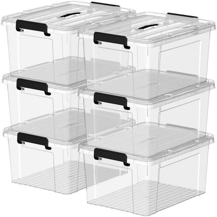 Iris Ohyama, Boite Rangement Plastique Avec Couvercle, 45L, Lot De 6, Transparent, Clips De Fermeture, Poignée, Empilable, Organisation Solide & Durable, Pour Chambre, Dressing, Bureau, NTB-45