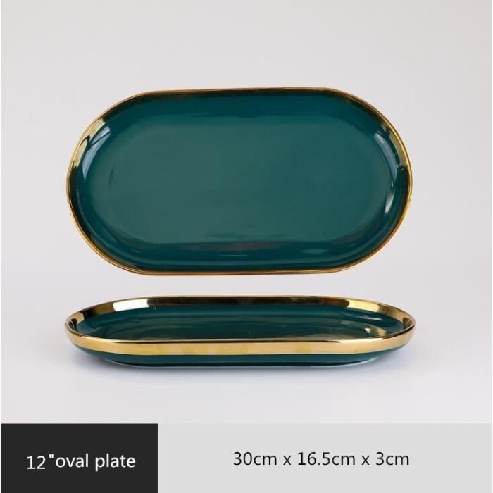 plats et assiettes,assiette en céramique verte à bord doré,vaisselle en porcelaine haut de gamme,service - type 12 inch oval plate