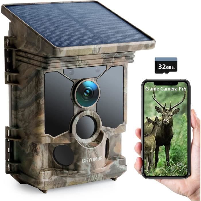 Caméra de Chasse Solaire 4K 30fps, CEYOMUR Wi-FI Bluetooth 40MP Camera de Chasse avec Carte Micro SD U3 32GB Vision Nocturne