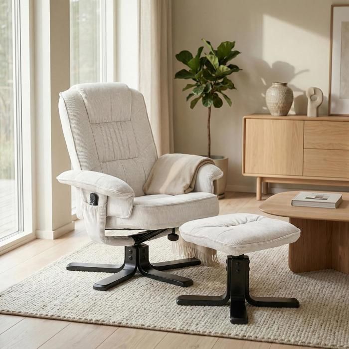 IDIMEX Fauteuil de Relaxation Charly avec Repose-Pieds pouf siège pivotant et Dossier inclinable en velours côtelé blanc/noir IDIMEX Fauteuil de Relaxation Charly avec Repose-Pieds pouf siège pivotant et Dossier inclinable en velours côtelé blanc/noir