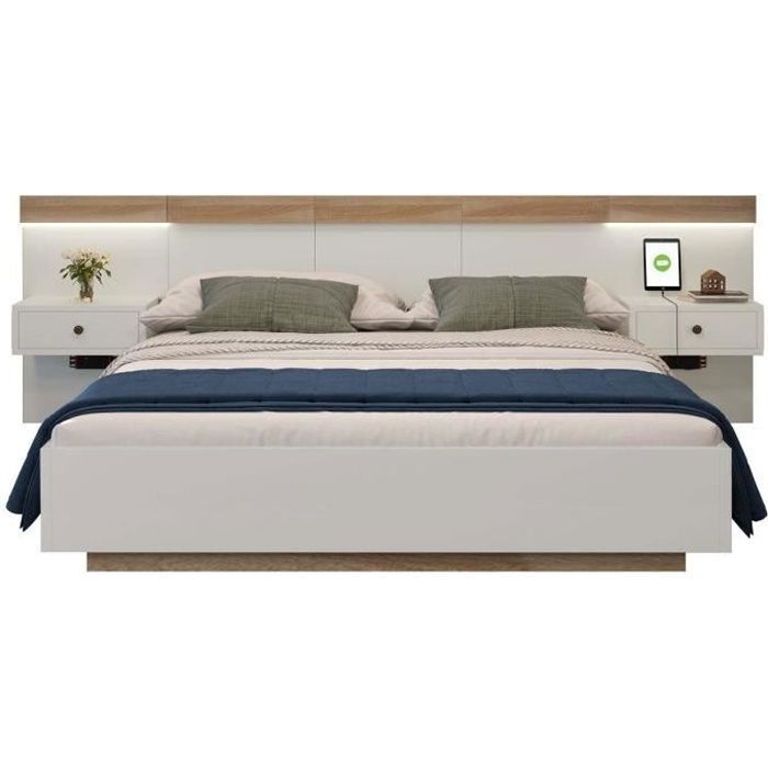ModernLuxe Lit adulte 140x200cm lit double avec chevets suspendus LED et ports USB cadre en bois sommier à lattes chêne + ModernLuxe Lit adulte 140x200cm lit double avec chevets suspendus LED et ports USB cadre en bois sommier à lattes chêne +